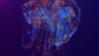 Uzayda çok renkli, enerjik, soyut parçacık bulutunun 3 boyutlu yansıması. Parlayan sıvı parçacıkları dinamik akış. Güzel Soyut Arkaplan. Geleceğin ışıltılı alan efekti