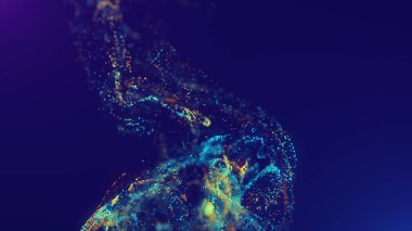 Uzayda çok renkli, enerjik, soyut parçacık bulutunun 3 boyutlu yansıması. Parlayan sıvı parçacıkları dinamik akış. Güzel Soyut Arkaplan. Geleceğin ışıltılı alan efekti