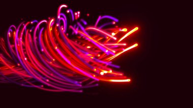 Sicimler, çizgiler, kurdeleler, lifler ya da kablolardan oluşan renkli bir arkaplanın üç boyutlu canlandırması. Uzayda parlak ipleri birbirine dokumak. Çizgiler yapısal lifler oluşturur