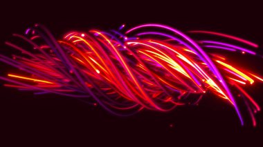 Sicimler, çizgiler, kurdeleler, lifler ya da kablolardan oluşan renkli bir arkaplanın üç boyutlu canlandırması. Uzayda parlak ipleri birbirine dokumak. Çizgiler yapısal lifler oluşturur