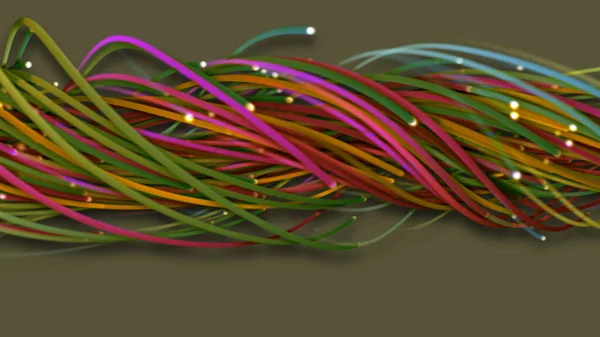 3D rendering of a colorful abstract background of strings, lines, ribbons, fibers or wires. Interweaving of bright strings in space. Lines form structural fibers