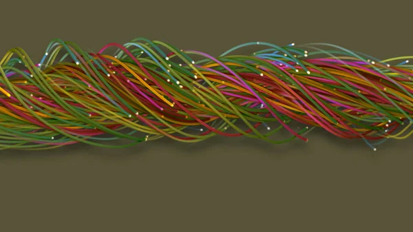 3D rendering of a colorful abstract background of strings, lines, ribbons, fibers or wires. Interweaving of bright strings in space. Lines form structural fibers