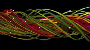 Tellerin, çizgilerin, kurdelelerin, liflerin ve kabloların renkli soyut arkaplanı. Uzayda parlak ipleri birbirine dokumak. Çizgiler yapısal lifler oluşturur