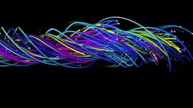 Tellerin, çizgilerin, kurdelelerin, liflerin ve kabloların renkli soyut arkaplanı. Uzayda parlak ipleri birbirine dokumak. Çizgiler yapısal lifler oluşturur