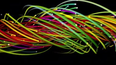 Tellerin, çizgilerin, kurdelelerin, liflerin ve kabloların renkli soyut arkaplanı. Uzayda parlak ipleri birbirine dokumak. Çizgiler yapısal lifler oluşturur
