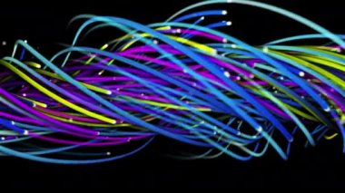 Tellerin, çizgilerin, kurdelelerin, liflerin ve kabloların renkli soyut arkaplanı. Uzayda parlak ipleri birbirine dokumak. Çizgiler yapısal lifler oluşturur