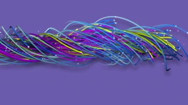 Tellerin, çizgilerin, kurdelelerin, liflerin ve kabloların renkli soyut arkaplanı. Uzayda parlak ipleri birbirine dokumak. Çizgiler yapısal lifler oluşturur