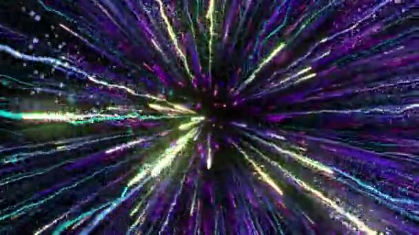 Яркие Разноцветные Частицы Заполняют Пространство Струями Энергии Света Яркий Красочный — стоковое видео