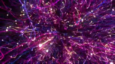 Parlak renkli parçacıklar boşluğu enerji ve ışık püskürtüleriyle doldurur. Parlak şenlik dekorasyonu için parlak renkli soyut arkaplan