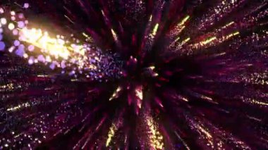 Parlak renkli parçacıklar boşluğu enerji ve ışık püskürtüleriyle doldurur. Parlak şenlik dekorasyonu için parlak renkli soyut arkaplan