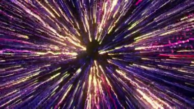 Parlak renkli parçacıklar boşluğu enerji ve ışık püskürtüleriyle doldurur. Parlak şenlik dekorasyonu için parlak renkli soyut arkaplan