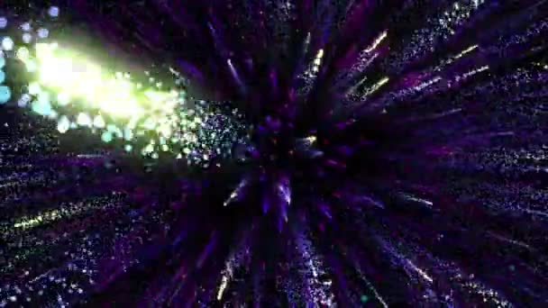 明るい多色の粒子は エネルギーと光のジェットで空間を満たします 明るいお祝いの装飾のための光沢のあるカラフルな抽象的な背景 — ストック動画