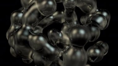 Füzyon sürecindeki metabolik kürelere dayalı soyut sanatsal gerçeküstü nesne. Sıvı dönüşümü. Organik molekülleri deforme eden sıvının dağılması, birleşmesi ve taşması.