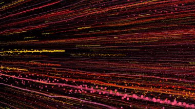 Parlak çok renkli parçacıkların 3 boyutlu yansıması boşluğu enerji ve ışık püskürtüleriyle doldurur. Parlak şenlik dekorasyonu için parlak renkli soyut arkaplan