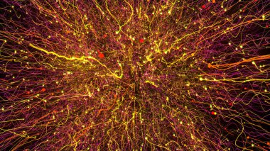 Parlak çok renkli parçacıkların 3 boyutlu yansıması boşluğu enerji ve ışık püskürtüleriyle doldurur. Parlak şenlik dekorasyonu için parlak renkli soyut arkaplan