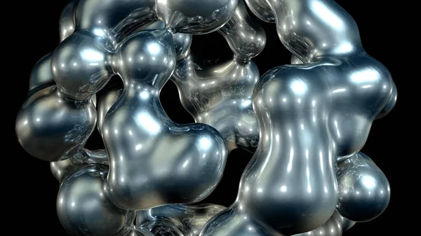 融合過程における代謝球に基づく抽象芸術のシュールなオブジェクトを3Dレンダリングします 流体の変形 有機分子を変形させる液体の散乱 マージ オーバーフロー — ストック写真