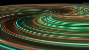 Yansımalı soyut neon spiral. Farklı renklerde parlak ve renkli kıvrımlı ışık yolları. Parlayan hipnotik çizgiler, sanal gerçeklik, ışık hızı, uzaysal ve zamansal diziler
