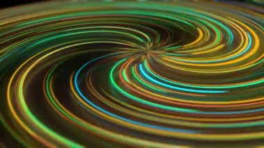 Yansımalı soyut neon spiral. Farklı renklerde parlak ve renkli kıvrımlı ışık yolları. Parlayan hipnotik çizgiler, sanal gerçeklik, ışık hızı, uzaysal ve zamansal diziler