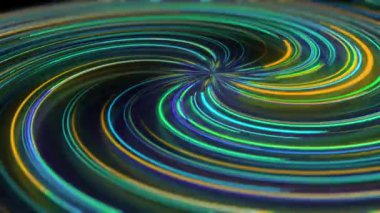 Yansımalı soyut neon spiral. Farklı renklerde parlak ve renkli kıvrımlı ışık yolları. Parlayan hipnotik çizgiler, sanal gerçeklik, ışık hızı, uzaysal ve zamansal diziler
