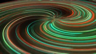 Yansımalı soyut neon spiral. Farklı renklerde parlak ve renkli kıvrımlı ışık yolları. Parlayan hipnotik çizgiler, sanal gerçeklik, ışık hızı, uzaysal ve zamansal diziler