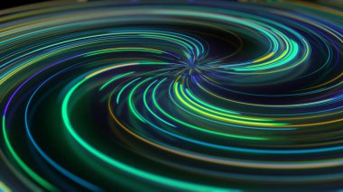 Üç boyutlu soyut neon spiral yansıması. Farklı renklerde parlak ve renkli kıvrımlı ışık yolları. Parlayan hipnotik çizgiler, sanal gerçeklik, ışık hızı, uzaysal ve zamansal diziler