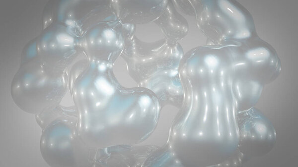 3D рендеринг абстрактного художественного сюрреалистического объекта на основе метаболических сфер в процессе слияния. Морфинг жидкости. Рассеивание, слияние и переливание жидкости, которая деформирует органические молекулы