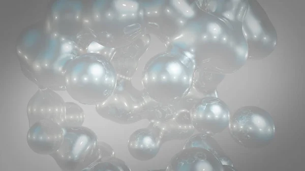 融合過程における代謝球に基づく抽象芸術のシュールなオブジェクトを3Dレンダリングします 流体の変形 有機分子を変形させる液体の散乱 マージ オーバーフロー — ストック写真
