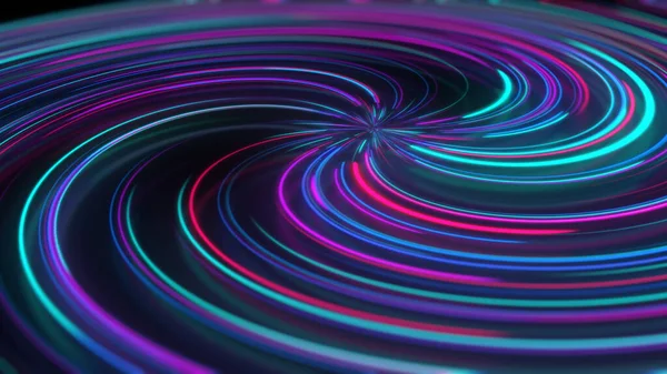 3D rendering abstract neon spiral with reflection. Bright and colorful curved light paths in different colors. Glowing hypnotic lines, virtual reality, speed of light, spatial and temporal strings