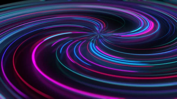 Rendering Abstrakt Neon Spiral Med Refleksion Lyse Farverige Buede Lysstier - Stock-foto