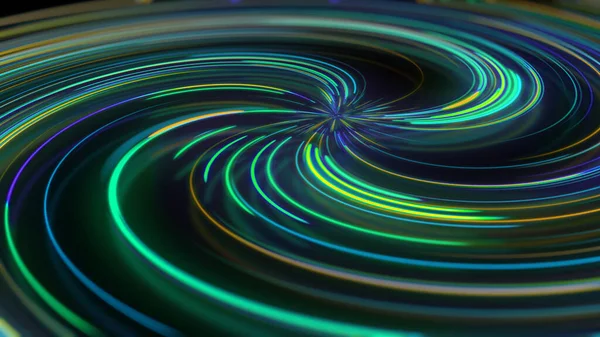 Rendering Abstrakt Neon Spiral Med Refleksion Lyse Farverige Buede Lysstier - Stock-foto
