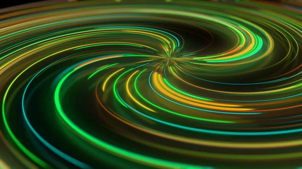 3D rendering abstract neon spiral with reflection. Bright and colorful curved light paths in different colors. Glowing hypnotic lines, virtual reality, speed of light, spatial and temporal strings