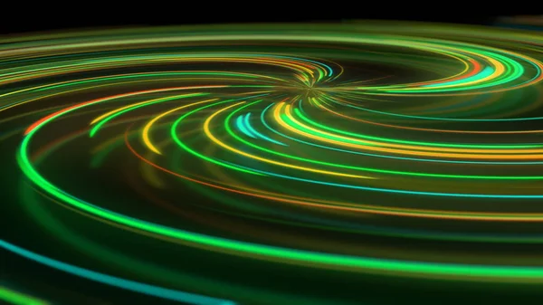 3D rendering abstract neon spiral with reflection. Bright and colorful curved light paths in different colors. Glowing hypnotic lines, virtual reality, speed of light, spatial and temporal strings