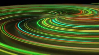 Yansımalı soyut neon spiral. Farklı renklerde parlak ve renkli kıvrımlı ışık yolları. Parlayan hipnotik çizgiler, sanal gerçeklik, ışık hızı, uzaysal ve zamansal diziler