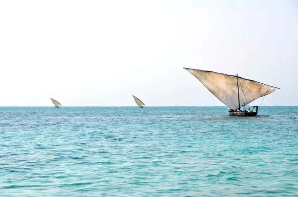 在海洋上航行的三个传统的捕鱼船 — 图库照片