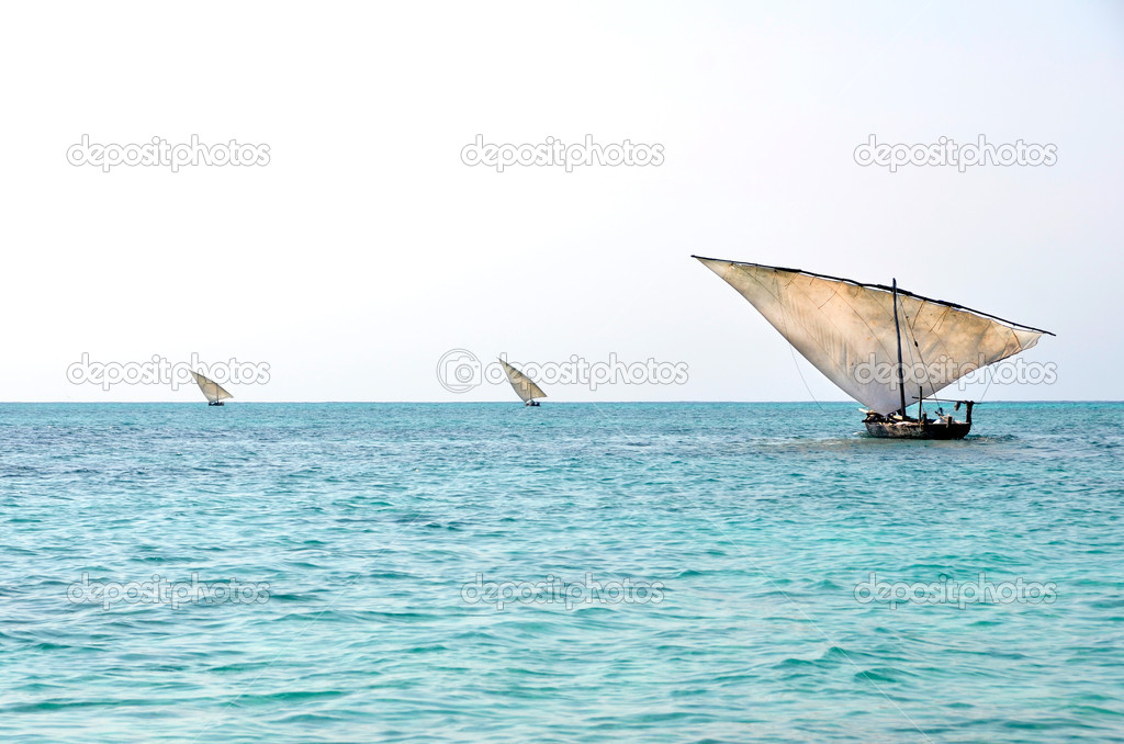 Three Traditional Fishing Boats Sailing on the Ocean