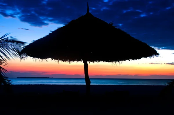 Silhuett av parasoll på stranden över sunset — Stockfoto