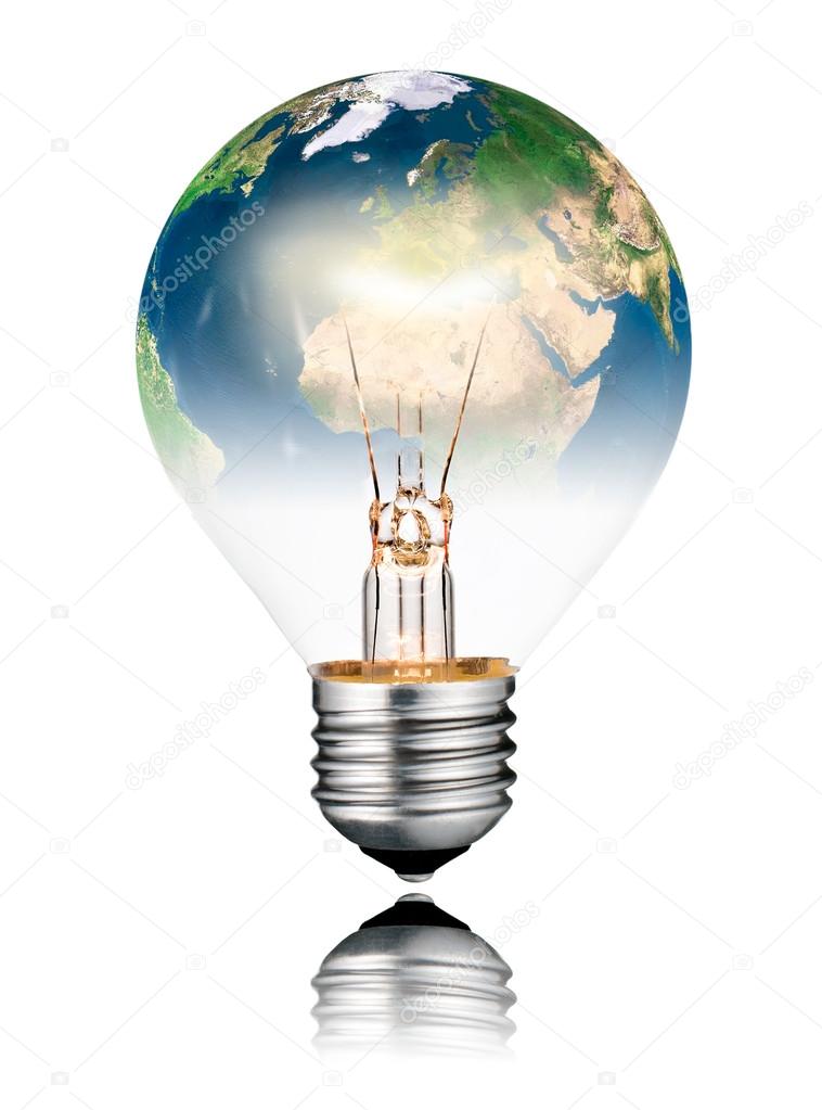 Lightbulb switched ON - World Globe Europe and Africa