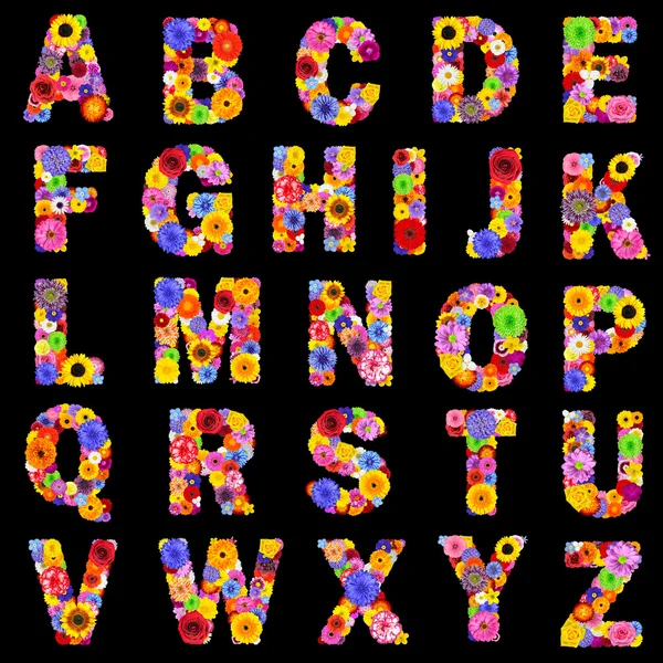Alfabeto floreale completo isolato sulle lettere da A a Z nere — Foto Stock