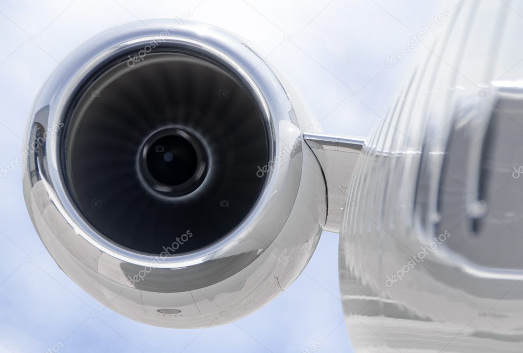 Runnning Jet engine closeup on a private airplane - Bombardier