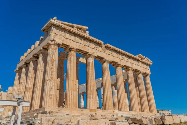 ATHENS, GREECE - MAY 21, 2022: The famous Parthenon temple in Acropolis in Athens Greece