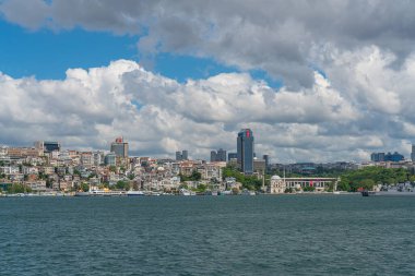 ISTANBUL, TURKEY - MAY 19.2022: Istanbul cityscape. View to Besiktas Skyline in Istanbul. Sea voyage on a ferry