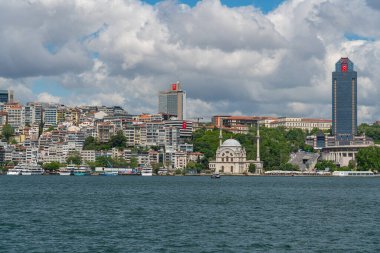 ISTANBUL, TURKEY - MAY 19.2022: Besiktas Istanbul cityscape with the Dolmabahce-Moschee. View to Besiktas Skyline in Istanbul.
