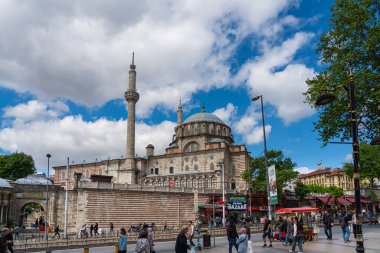 ISTANBUL, TURKEY - MAY 19.2022: Street view at Laleli in the Fatih district of Istanbul. Laleli-Moschee in background