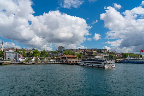 ISTANBUL, TURKEY - MAY 19.2022: Harbor from Besiktas with ferry boats, Sea voyage on a ferry at the Bosporus in Istanbul