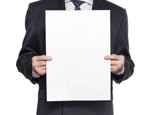 Un hombre con un papel en blanco vertical — Foto de Stock