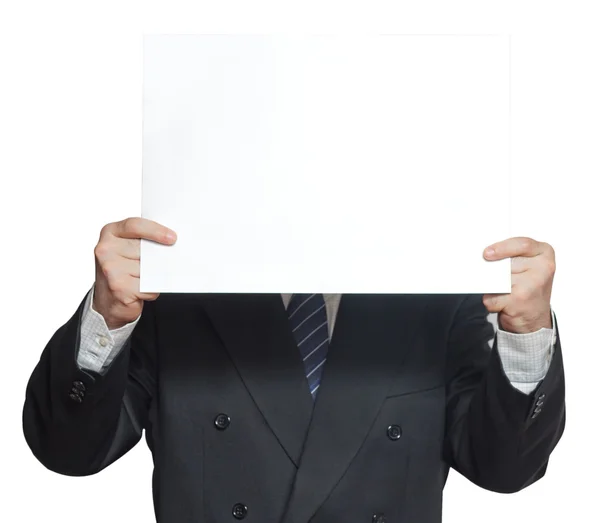 A man with a blank paper horisontal isolated — Stock Photo, Image