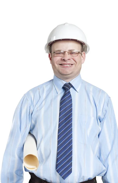 Voorman in een witte helm met een tekening — Stockfoto