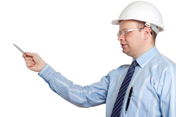 एक सफेद हेलमेट में इंजीनियर कुछ समझाता है — स्टॉक फ़ोटो, इमेज