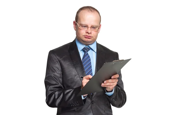 Iş adamı izole bir tablet holding — Stok fotoğraf