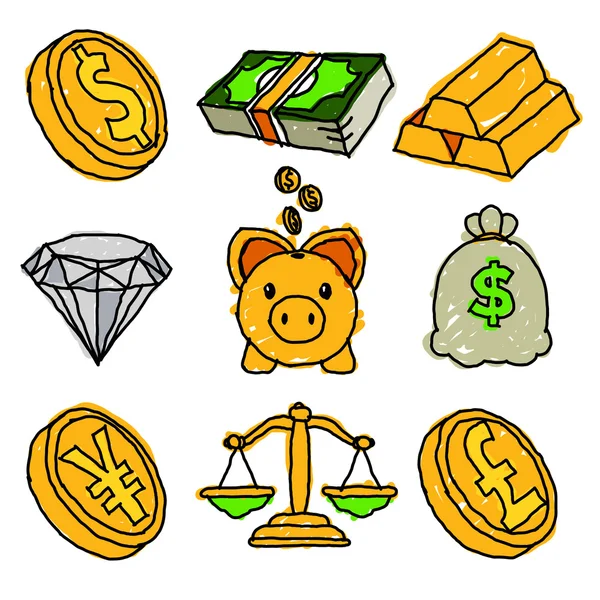 Goud geld en financiële doodle pictogrammen — Stockvector